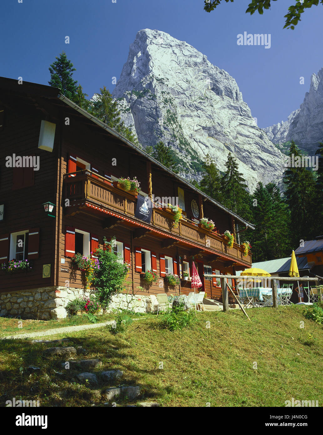 Austria, Tirolo, valle imperiale, Hinterbärenbad, casa residenziale, piccolo arresto, montagna, Monti Kaisergebirge, casa, architettura, ristorante, bar, soleggiato, fuori, fiori, deserte, summit, scogliera, Foto Stock