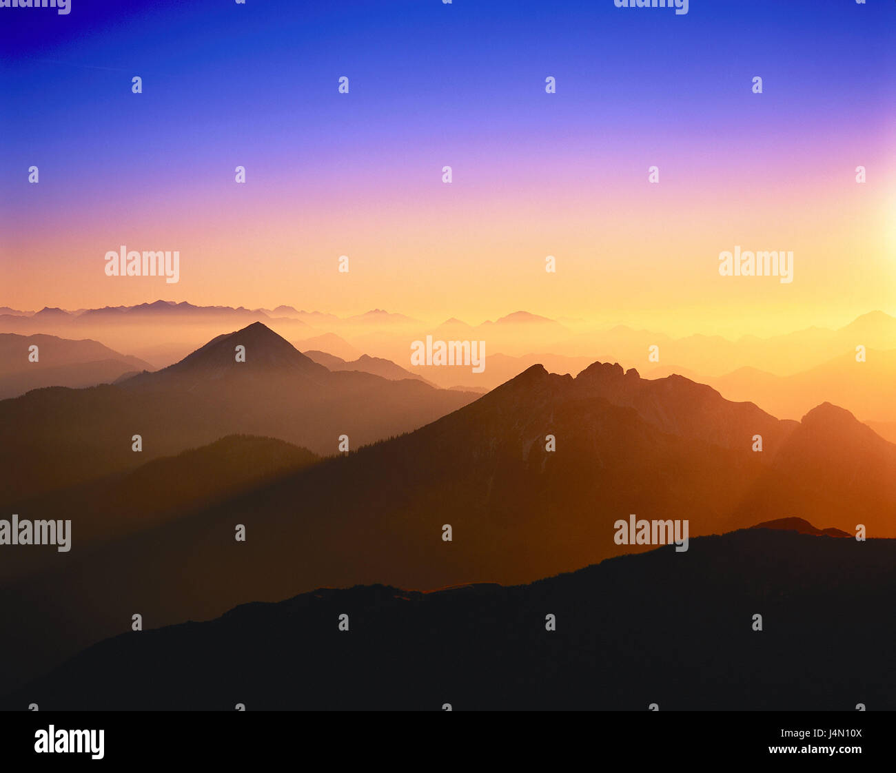 Austria, Tirolo, area di confine, in Germania, in Baviera, il paesaggio di montagna, Brandenberger Alpi, di post-incandescenza, alpi, montagne, montagne, scenario, sky, sera serata tuning, atmosferici, visualizzare vertice, Foto Stock