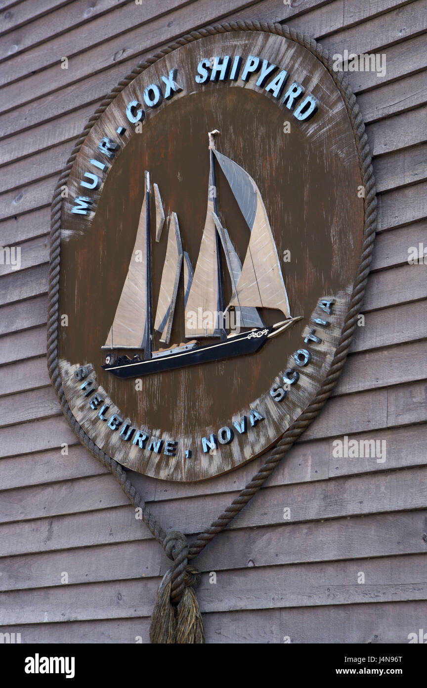 Facciata in legno, segno, 'Muir Cox museo del cantiere', Shelburne, nuova paratia paese, Canada, Foto Stock