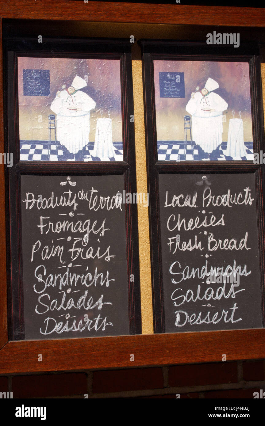 Localmente, bacheche, menu, Rue Saint Paul, la Vecchia Montreal, Montreal, Canada, Foto Stock