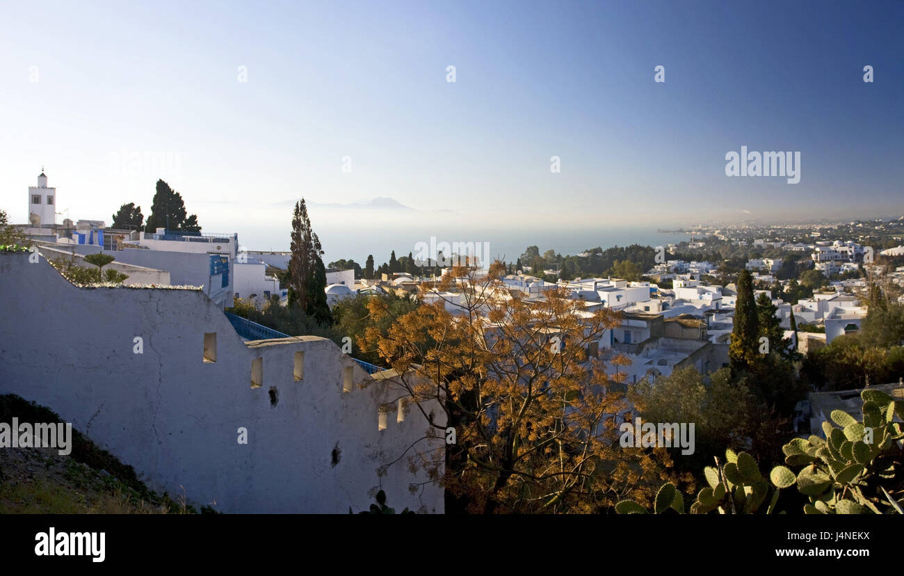 La Tunisia, Sidi Bou Said, locale panoramica, Nord Africa, luogo dell'artista, villaggio posto turistico, destinazione, luogo di interesse, turismo, mura difensive, case, facciate, panoramica, Foto Stock