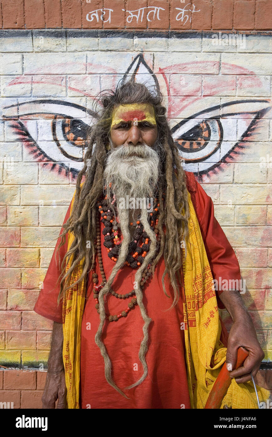 India, Uttar Pradesh, Benares, mura difensive, pittura, Sadhu, Foto Stock