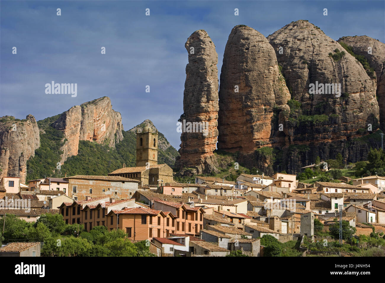Spagna Aragona, Aguero, vista città, rock, Foto Stock