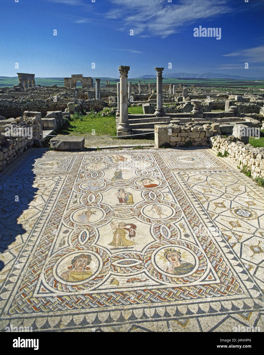 Il Marocco, Volubilis, rovina sito, pilastri, mosaico, Foto Stock