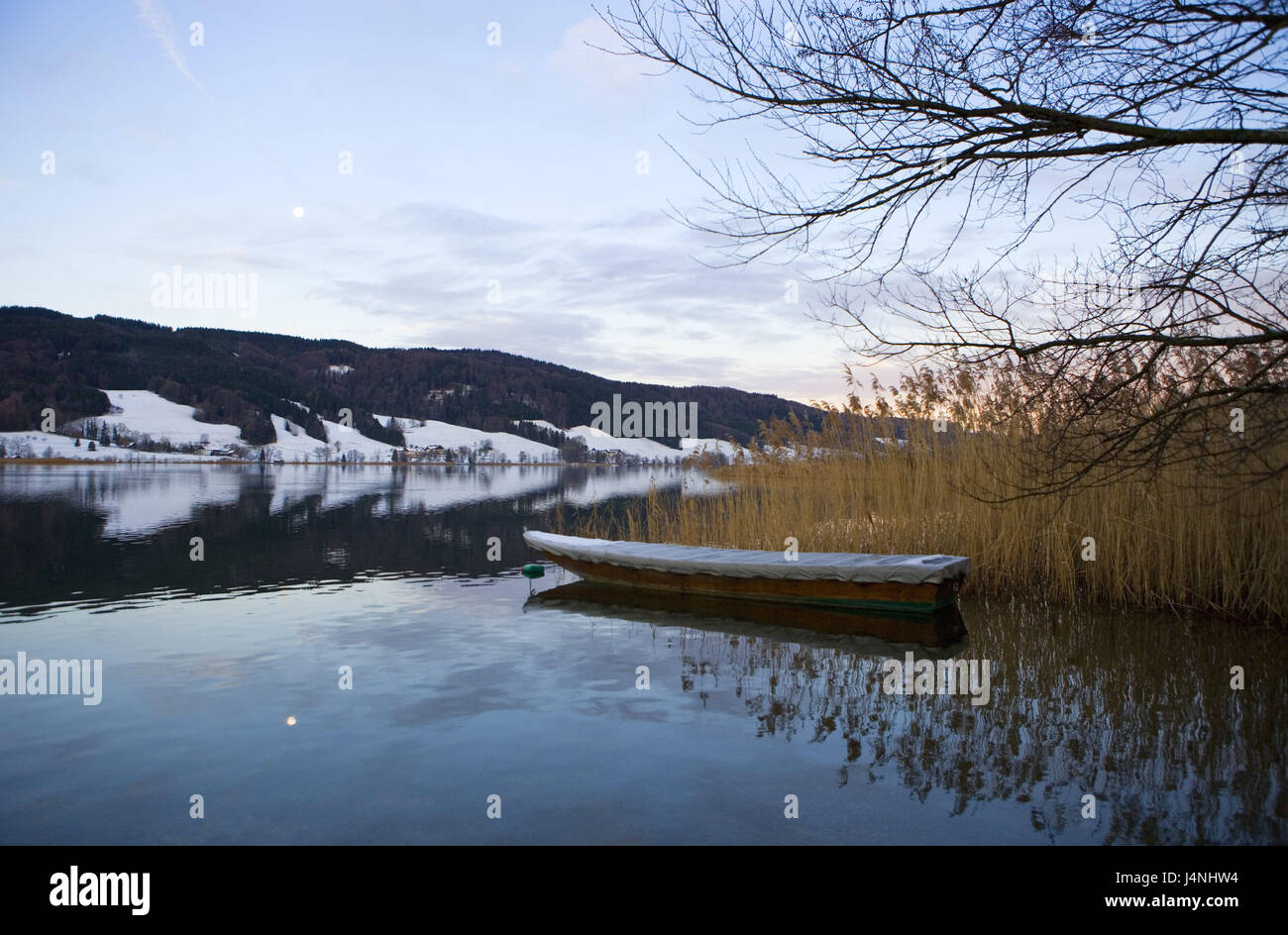 Austria, camera di sale di proprietà, crazy lago, barca da pesca, reed, inverno, paesaggio di montagna, lago, acque, Lakeside, erba, barca, coperte, winterproof, stagione, uscire, nessuno, Foto Stock