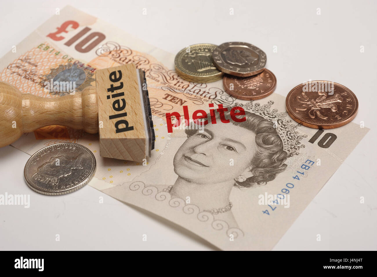 Sterlina inglese, banca nota, monete, francobolli, stampa, fallimento, Foto Stock