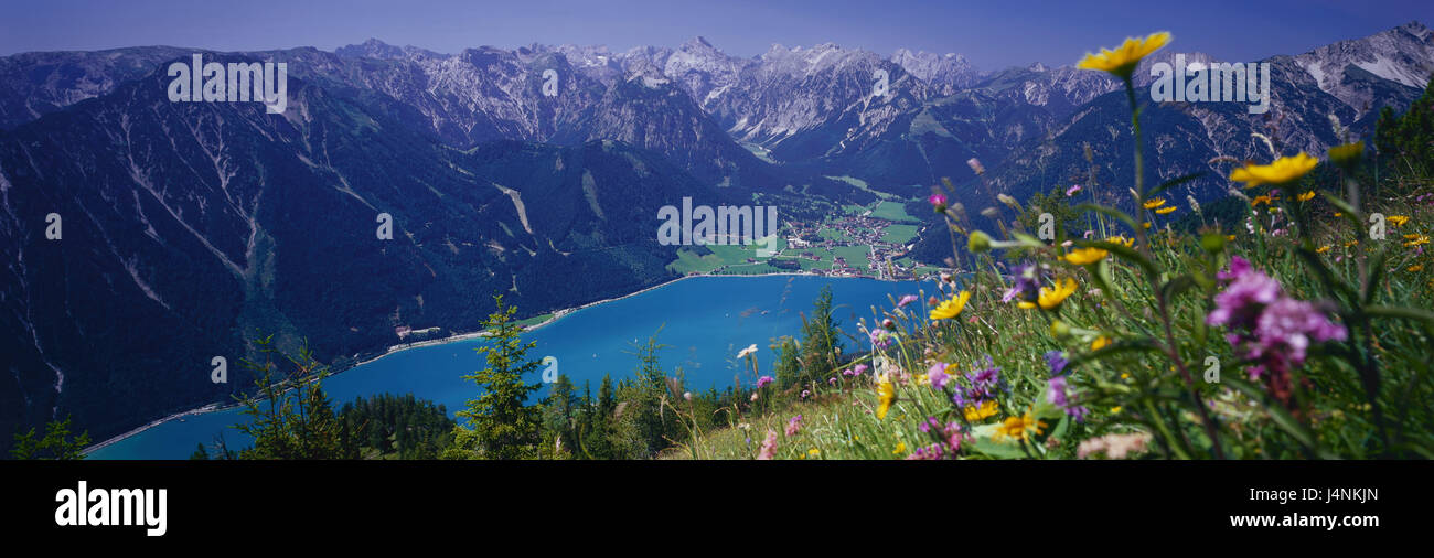 Austria, Tirolo, Achensee, vista, Pertisau, Karwendel, montagne, montagne, Alpi paesaggio di montagna, regione montagnosa, summit, la gamma della montagna, lago, acqua, blu turchese, prati e pascoli di montagna, fiori, blur, panorama, il panorama di montagna, Foto Stock