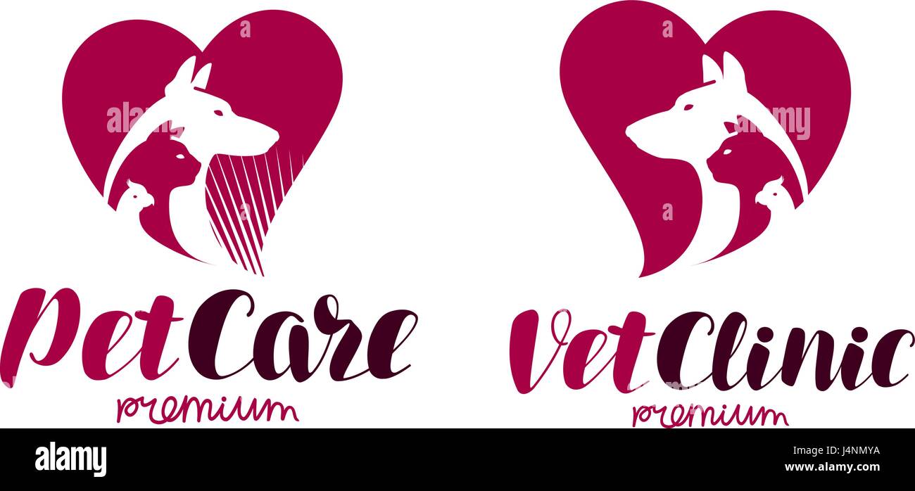 Clinica veterinaria, pet shop logo. Animali, cane, gatto, Parrot icona o etichetta. Lettering illustrazione vettoriale Illustrazione Vettoriale