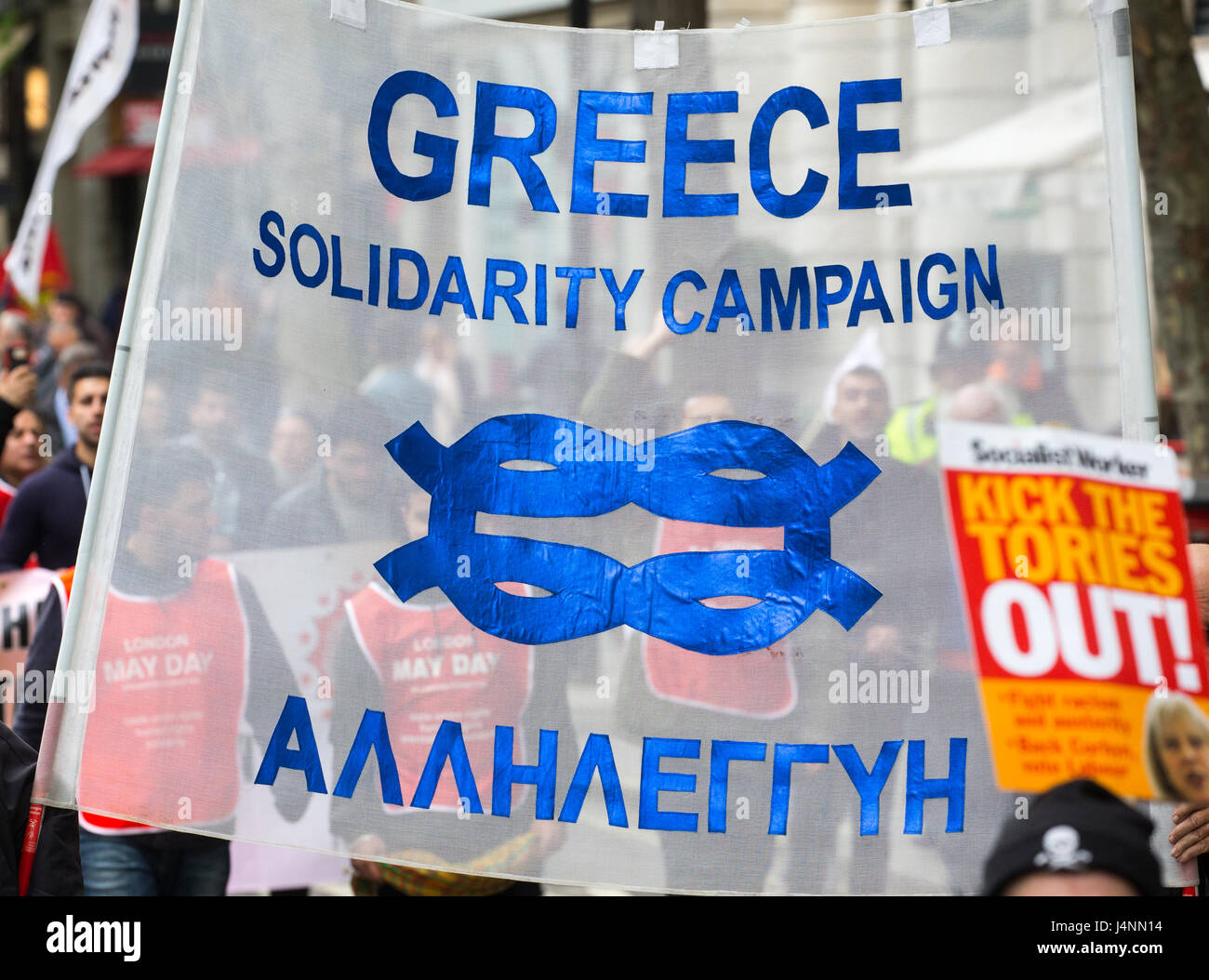 Banner per il "Grecia Campagna di Solidarietà' al 1 maggio marzo a Londra Foto Stock