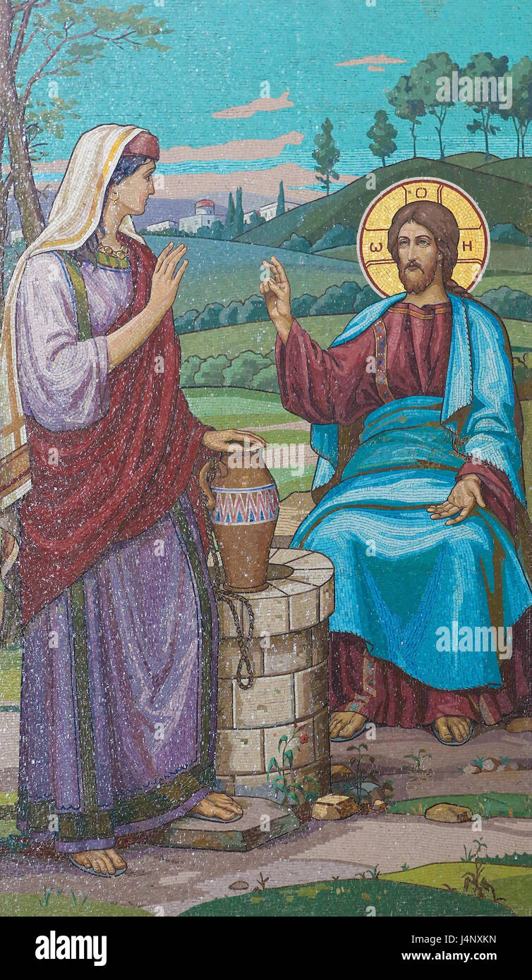 Mosaico nella Chiesa del Salvatore sul Sangue versato a San Pietroburgo, Russia, raffiguranti Gesù e la donna samaritana al pozzo (Vangelo di San Giovanni) Foto Stock
