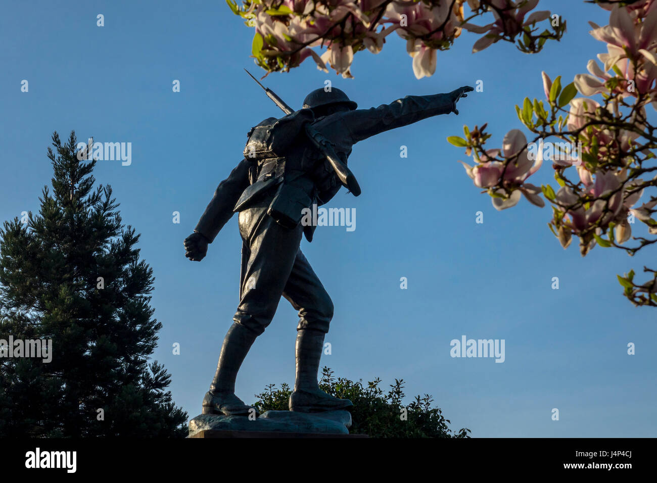 Bridgnorth Memoriale di guerra il bronzo e la figura di un soldato del Shropshire fanteria leggera si erge il braccio proteso, in atto di lanciare una granata Foto Stock