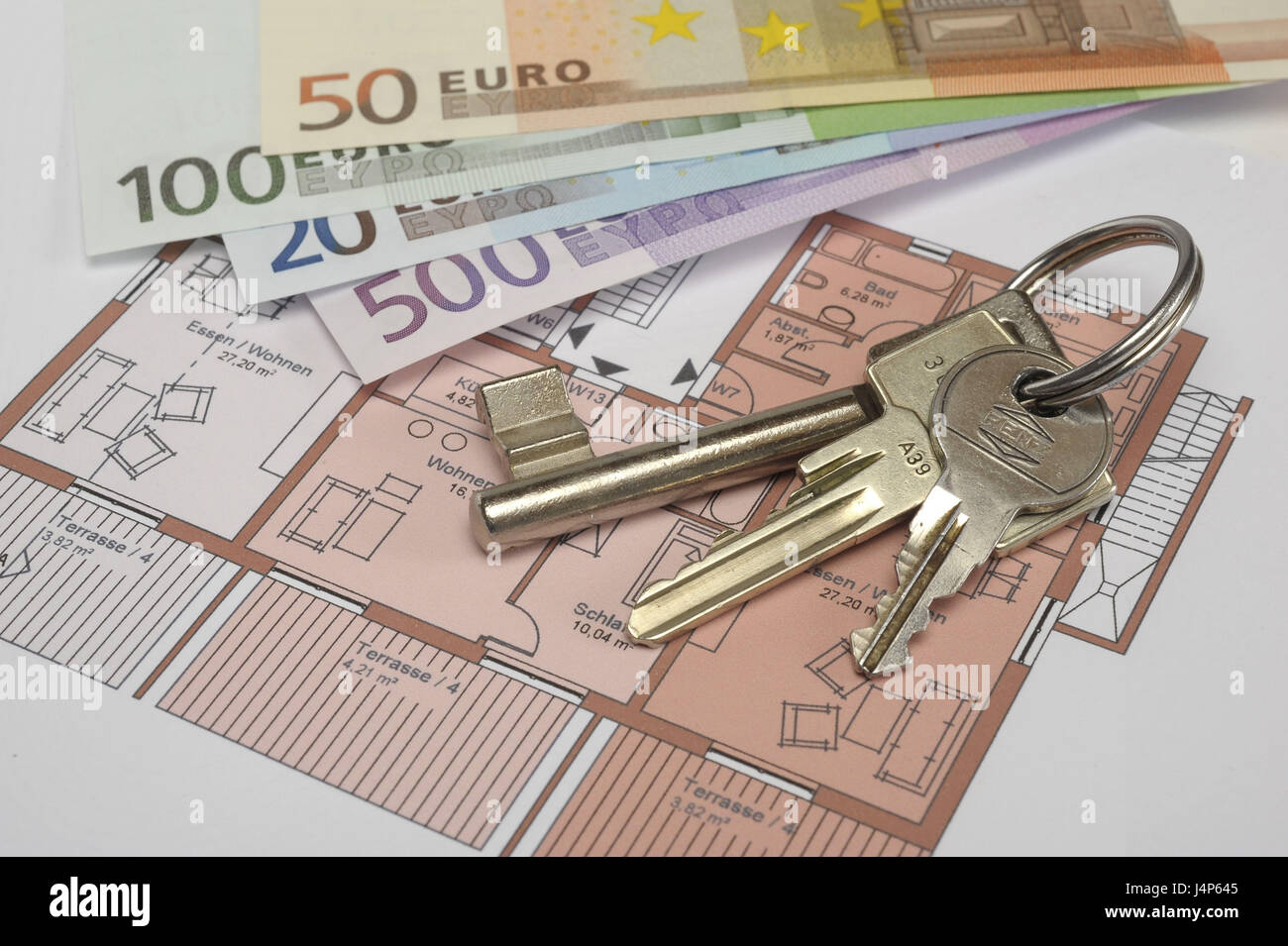Architetto piano, banconote, chiave bundle, Foto Stock