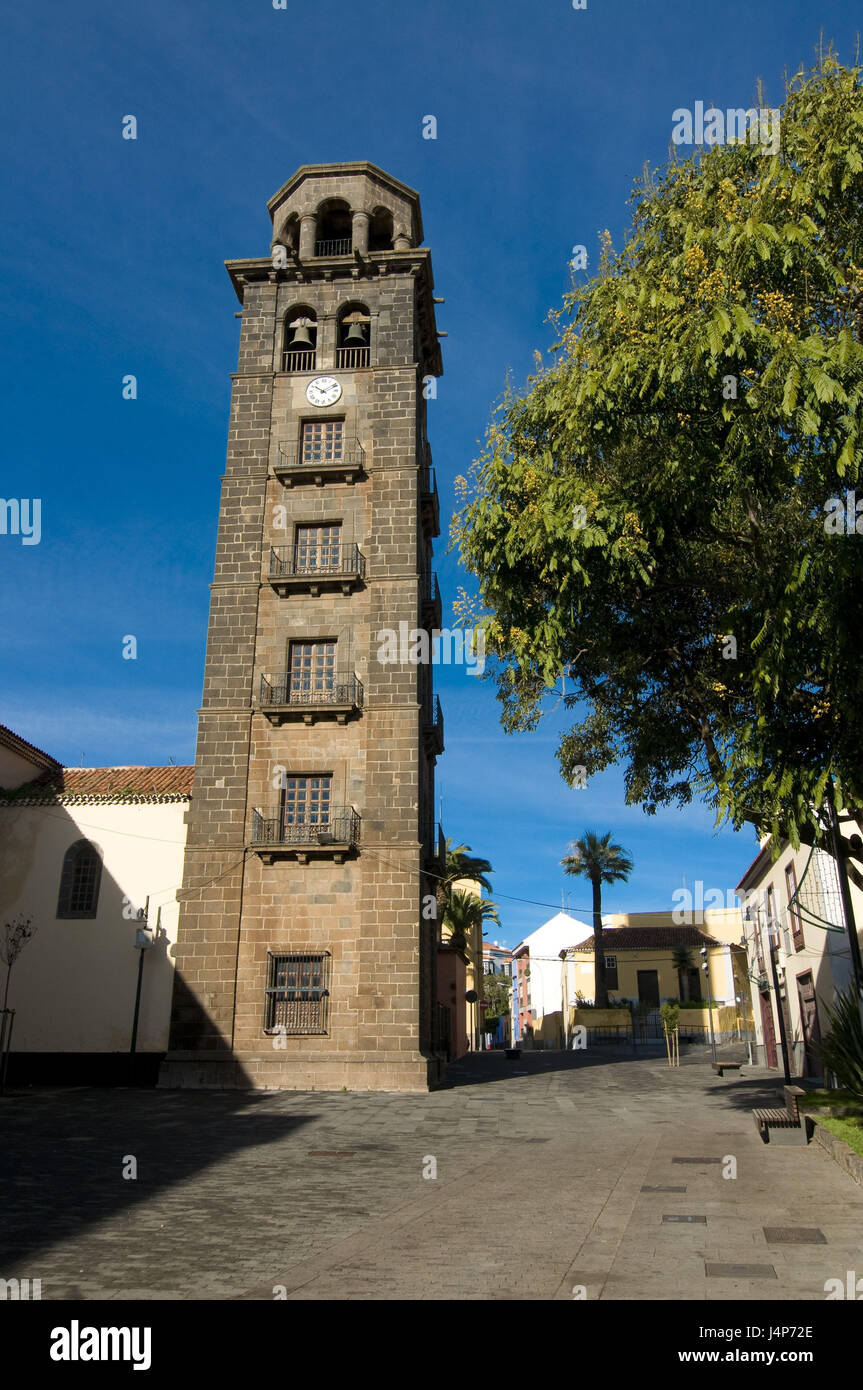 Spagna, Canarie, isola di Tenerife, San Cristóbal de La Laguna, la chiesa de La Concepcion, torre campanaria, Foto Stock