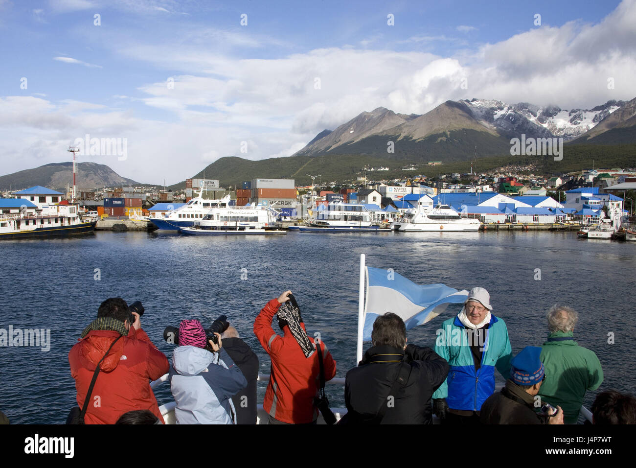 Argentina, Tierra del Fuego, Ushuaia, vista città, porto, Ushuaia Bay, turistiche, nessun modello di rilascio, Foto Stock
