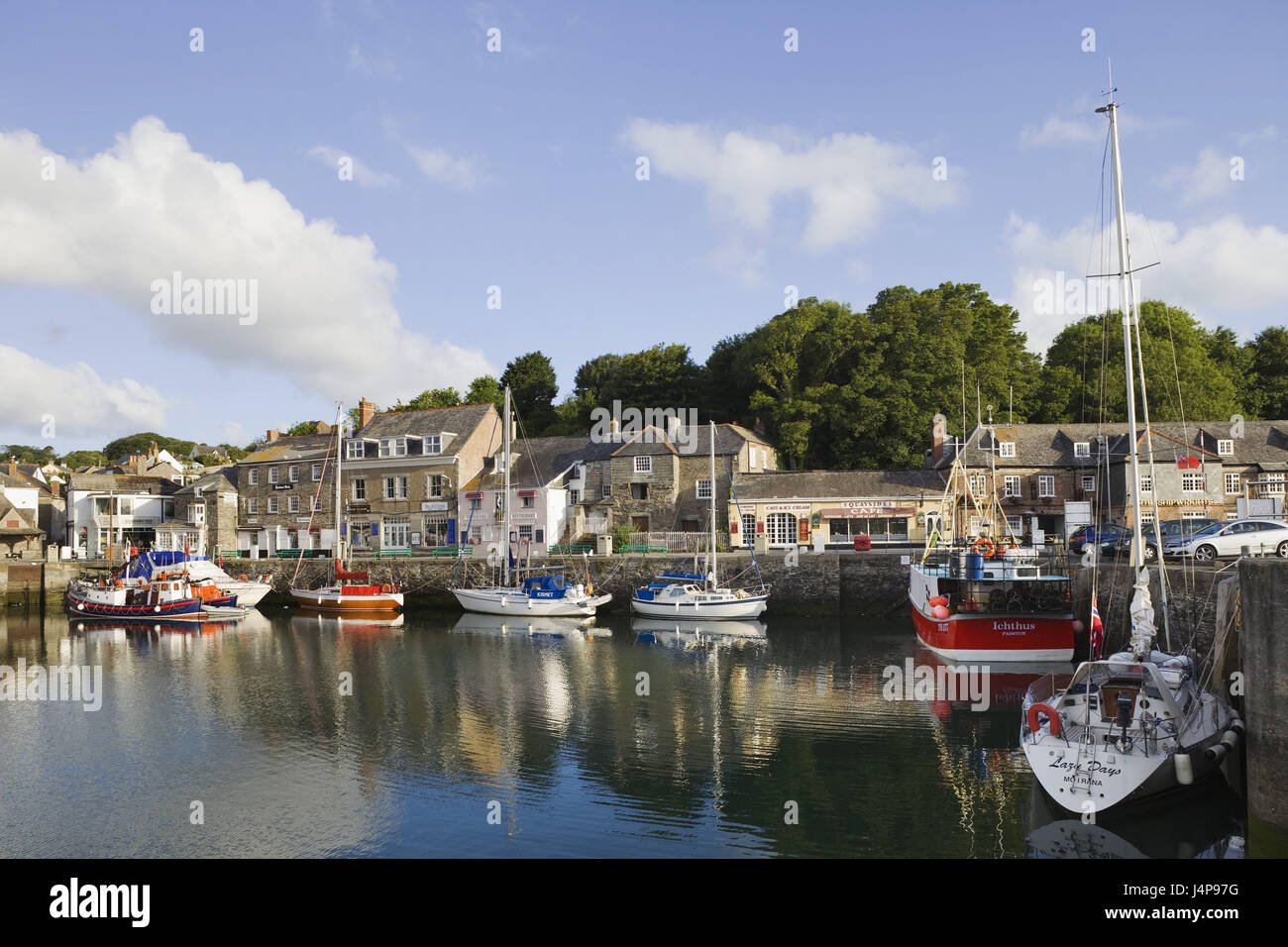 Gran Bretagna, Inghilterra, Cornwall, Padstow, vista città, porto, stivali, Foto Stock