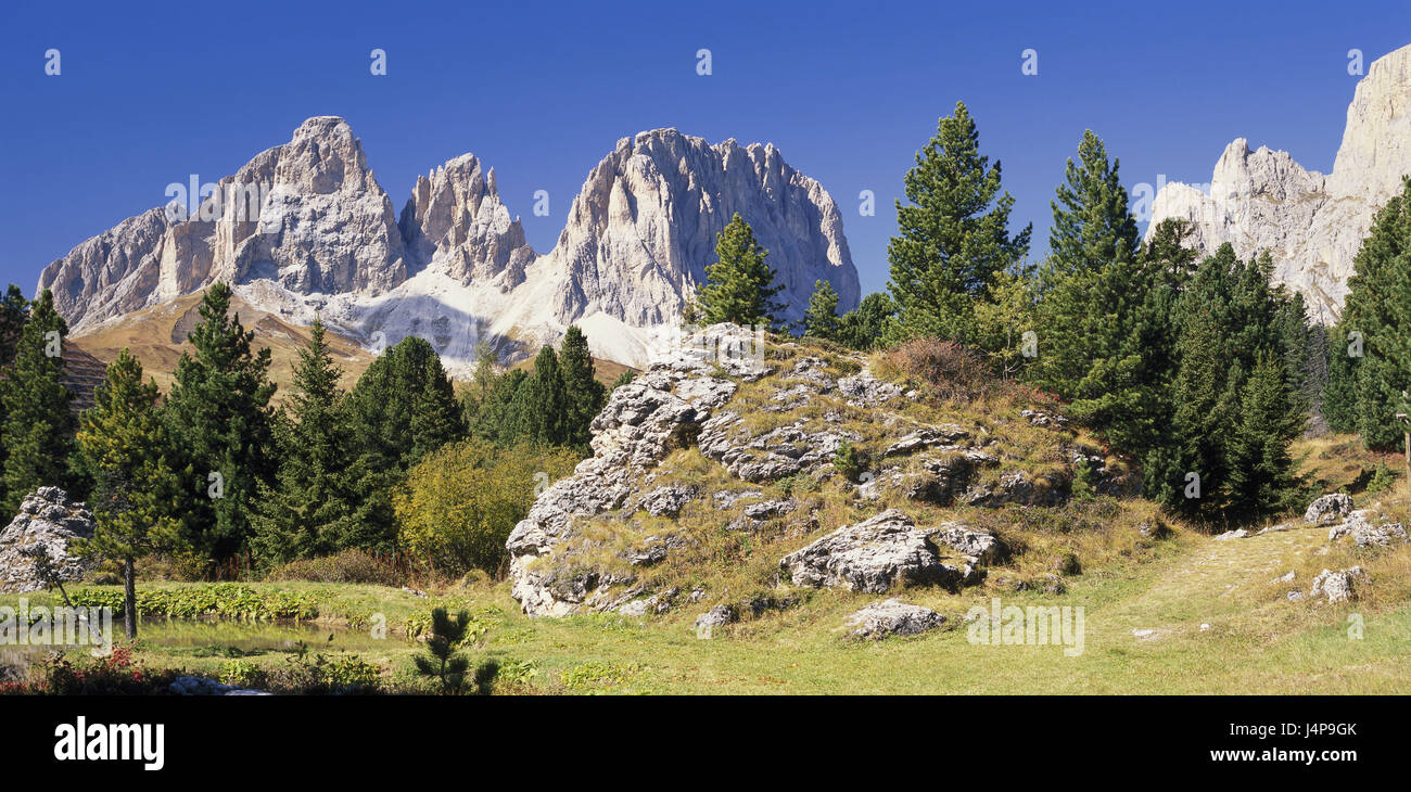 In Italia le Dolomiti, Sassolungo massif, Sellatürme, paesaggi, natura, montagne, panorama di montagna, summit, cima, paesaggio di montagna, Sassolungo, Sella, Foto Stock