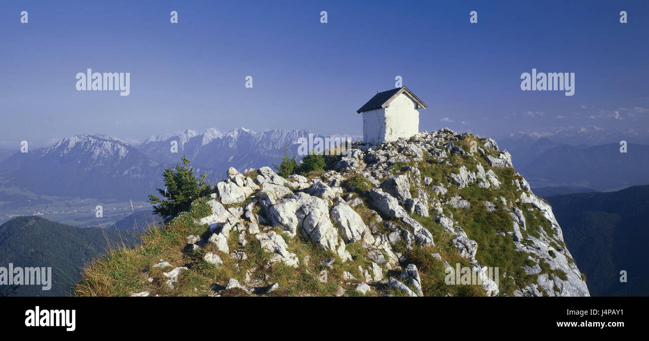In Germania, in Baviera, villaggio di Oberau, Brünnsteingipfel, Wilder Kaiser, paesaggi, natura, mountain summit, Brünnstein, acciaierie, edificio, panorama di montagna, Vista panoramica, vista, larghezza, orizzonte, Foto Stock