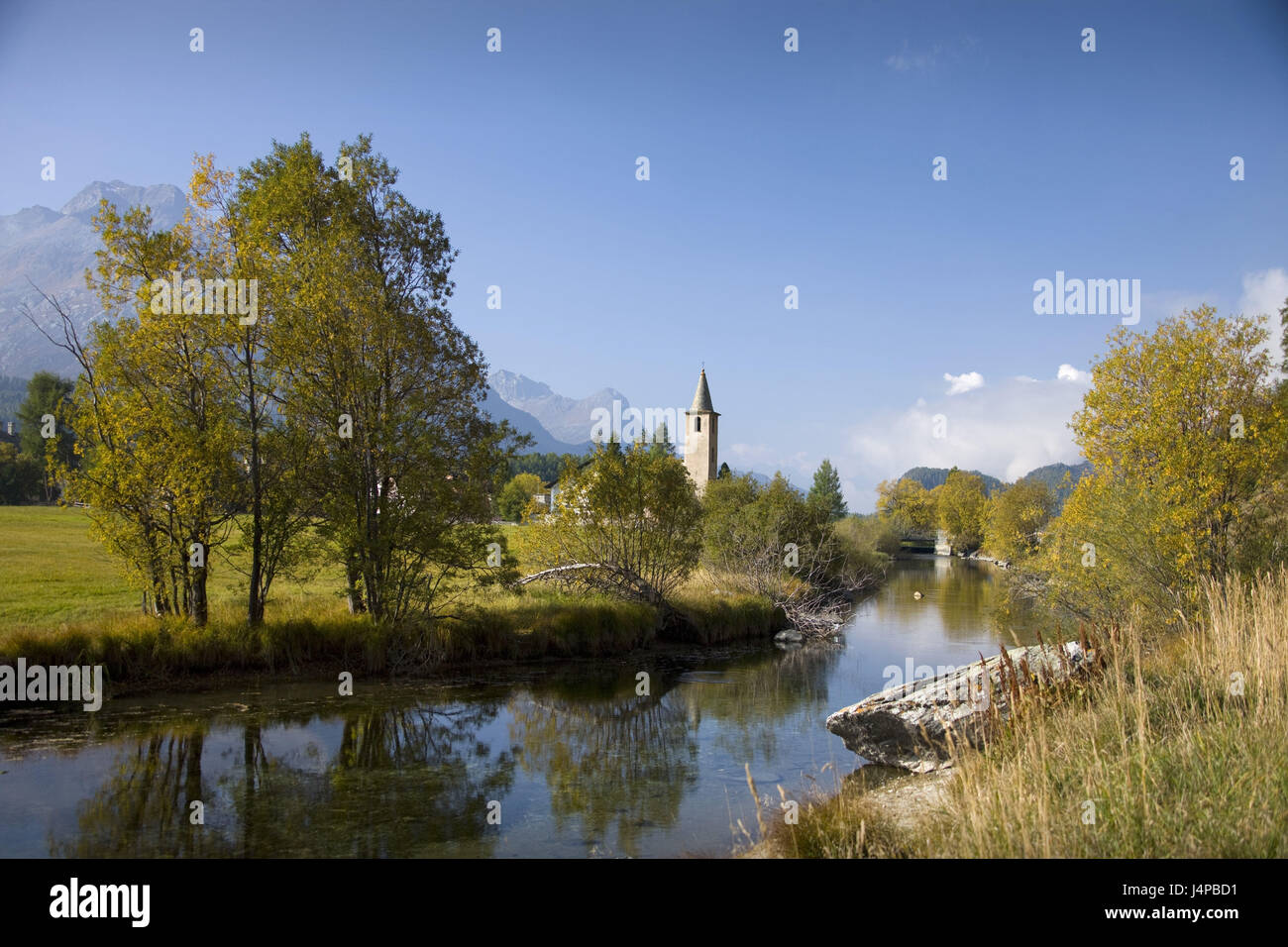 La Svizzera, Sils, Steeple, fiume, paesaggi, Foto Stock