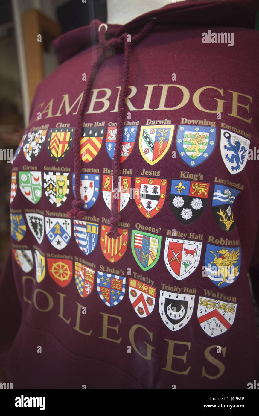 Gran Bretagna, Inghilterra, Camebridgeshire, Cambridge, business, vetrina, felpa, stampa, stemma, Cambridge colleges, Foto Stock