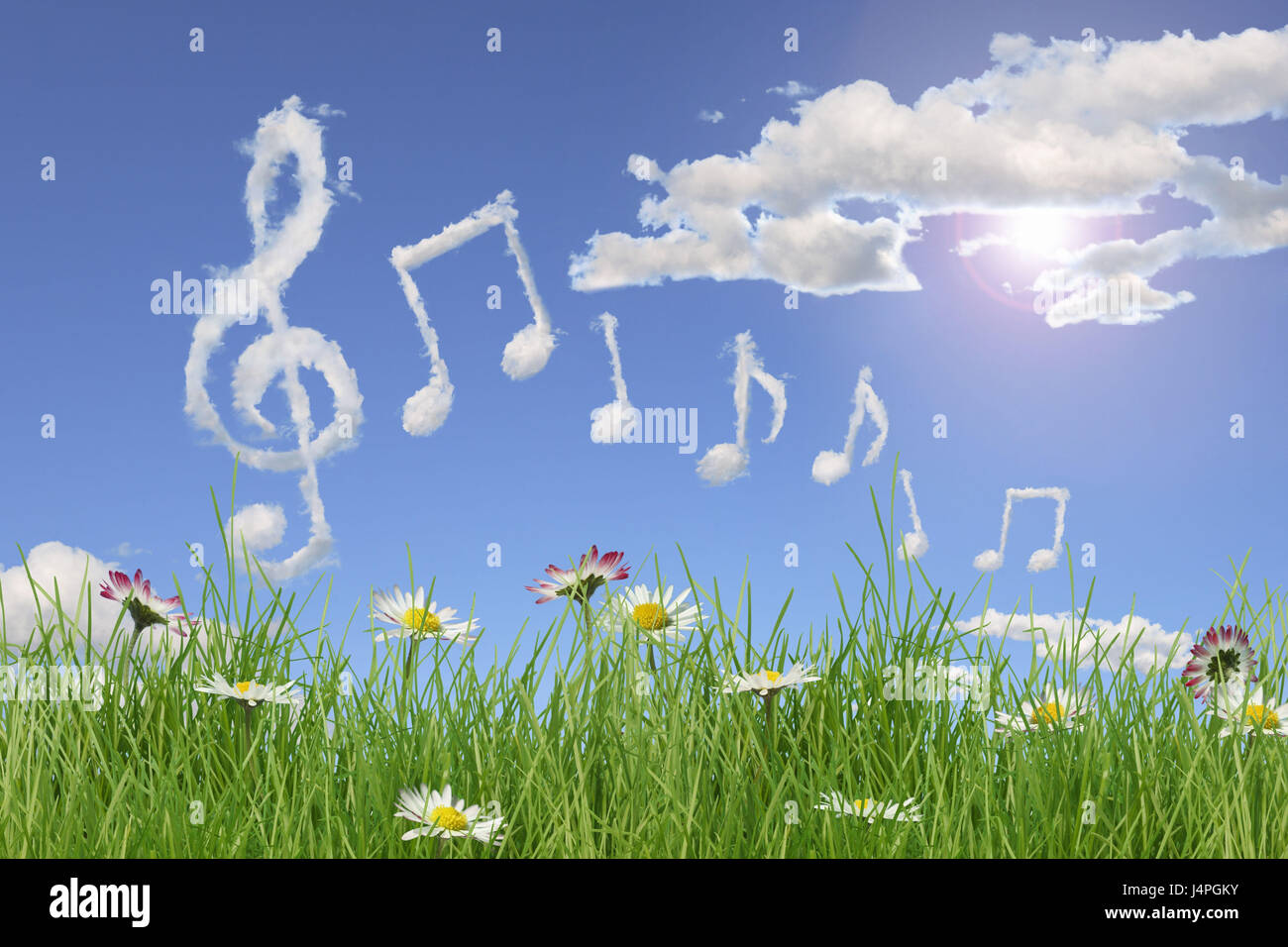 Modo di fiori, cielo nuvoloso, formazione di nube, note musicali, Foto Stock