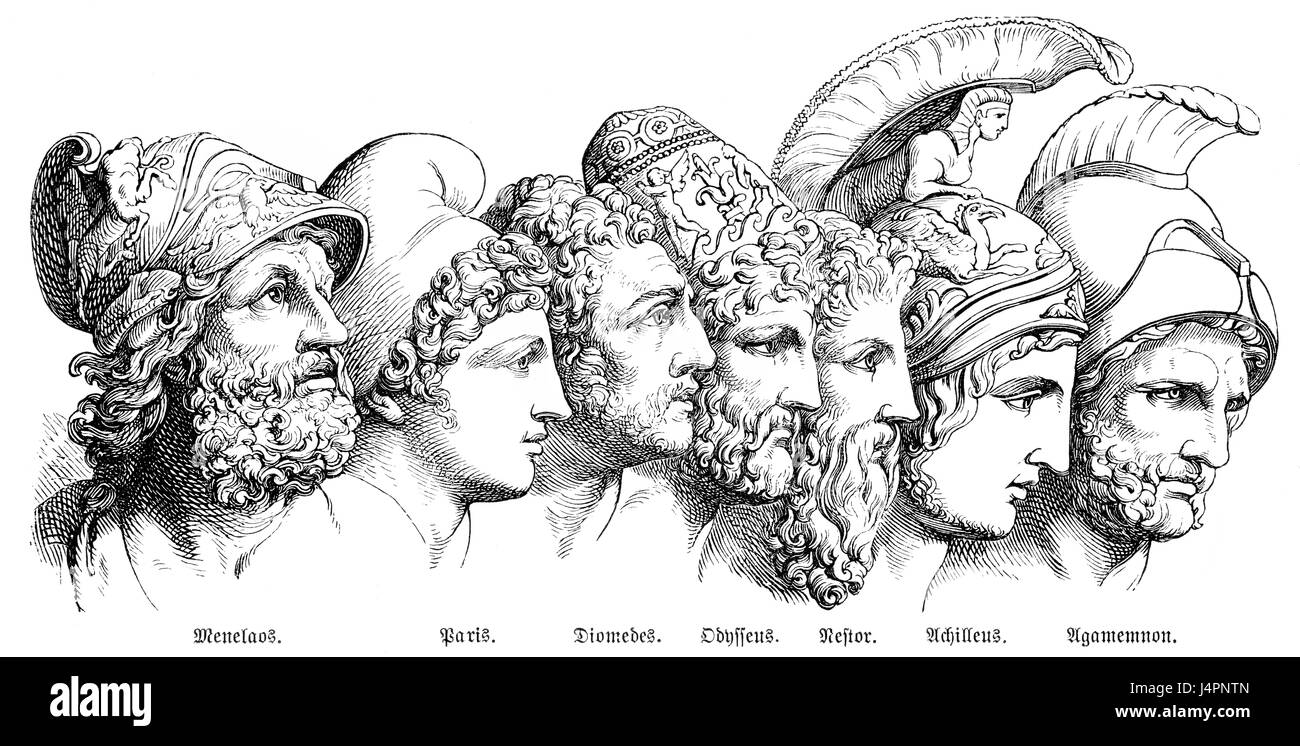 Gli eroi della guerra di Troia: Menelaos, Parigi, Diomede, Odysseus, Nestor, Achille, Agamennone Foto Stock