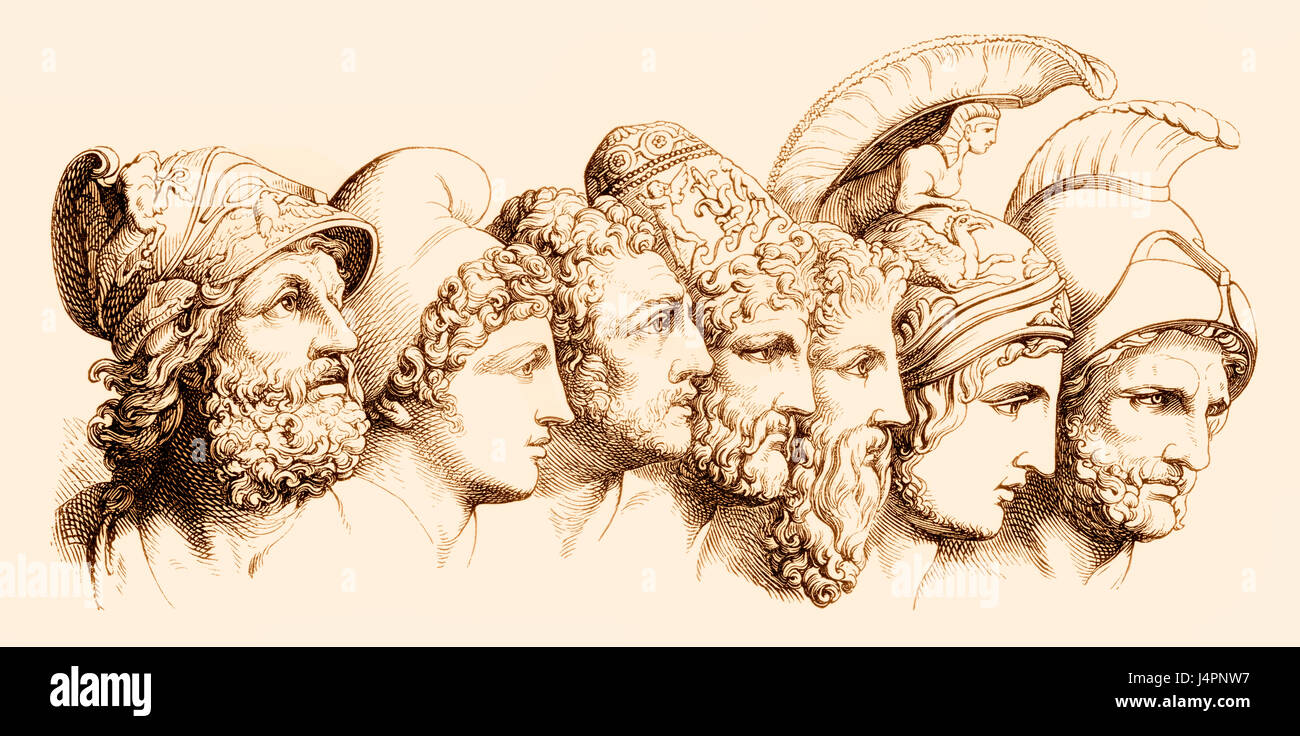 Gli eroi della guerra di Troia: Menelaos, Parigi, Diomede, Odysseus, Nestor, Achille, Agamennone Foto Stock
