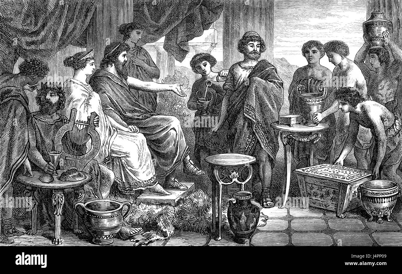 Alcinous il dominatore del Phaiacians onorando Odysseus, l'Odissea di Omero Foto Stock