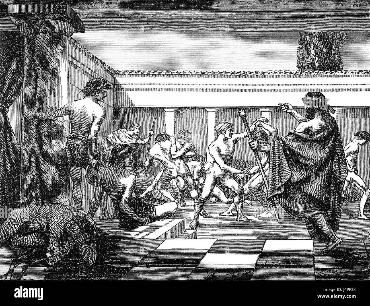 Giovani spartani esercitare presso il Dromos di Sparta, Grecia antica Foto Stock