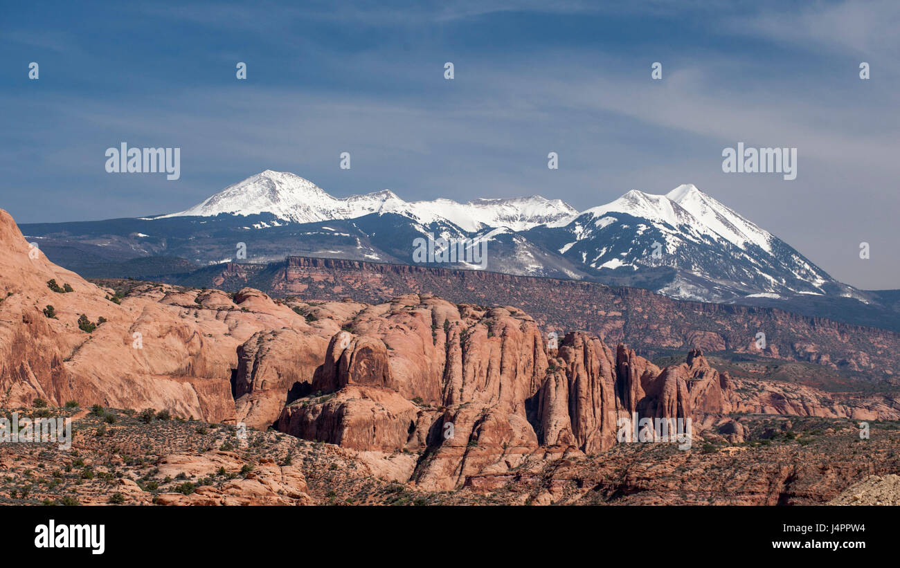 La Sal Mountains si elevano al di sopra Sud Mesa e le alette dell'Entrada formazione appena al di fuori del paese di Moab, Utah Foto Stock