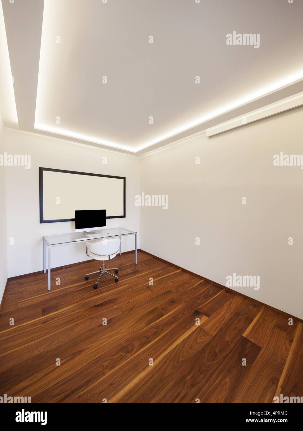 Ufficio moderno minimalista, pareti bianche e pavimenti in parquet Foto Stock