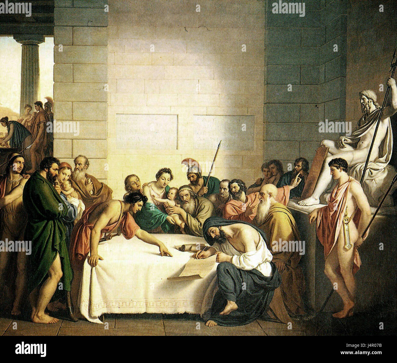 Il dipinto di Giuseppe Diotti raffigura l'antica tradizione spartana di selezionare i neonati per l'addestramento militare, evidenziando il rigoroso processo di selezione nell'antica Sparta. Foto Stock