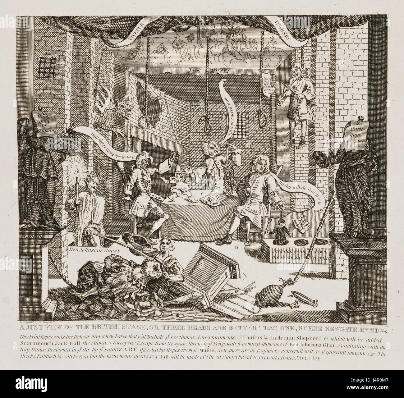"Just View of the British Stage" di William Hogarth è un'incisione satirica che critica la società britannica, in particolare concentrandosi sulle questioni sociali e politiche del suo tempo. Il pezzo riflette lo stile distintivo di Hogarth di commento sociale attraverso l'arte visiva. Foto Stock