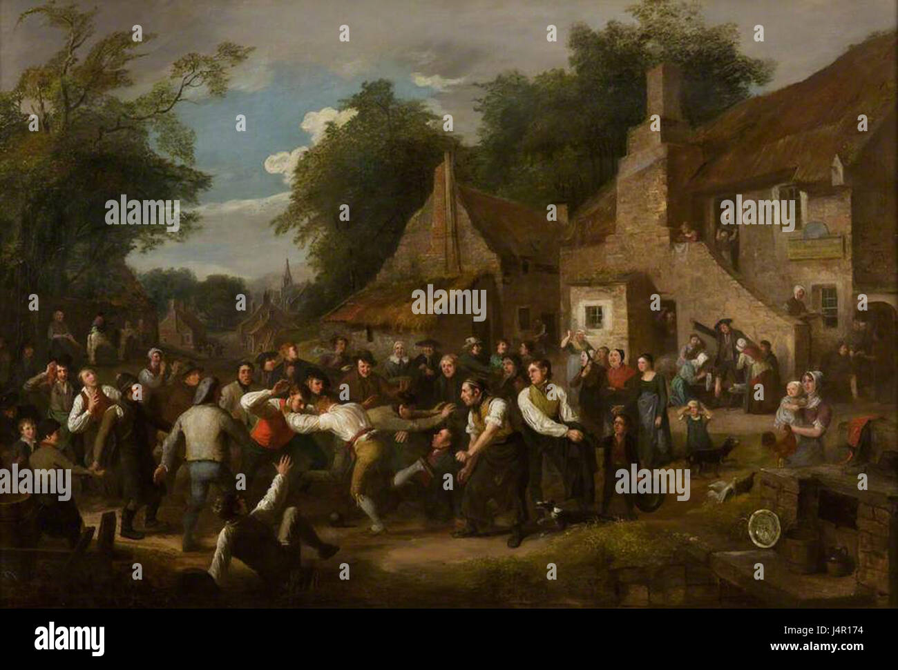 Â˜The Village Ba' Gameâ€™ di Alexander Carse è un dipinto del XIX secolo che raffigura una scena rurale scozzese, dove gli abitanti del villaggio si impegnano nel tradizionale gioco di Ba', una forma popolare di gioco di palla. Foto Stock
