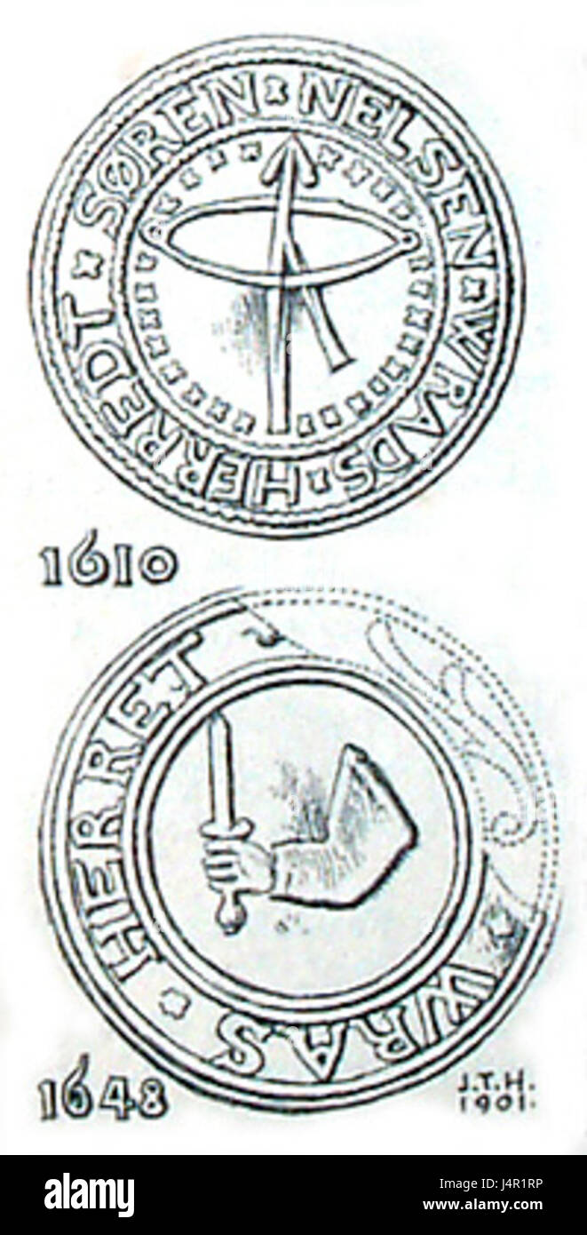 Una rappresentazione del sigillo di Vrads Herred, risalente al 1610-1648, che riflette il significato storico e amministrativo della regione durante il primo periodo moderno. Foto Stock