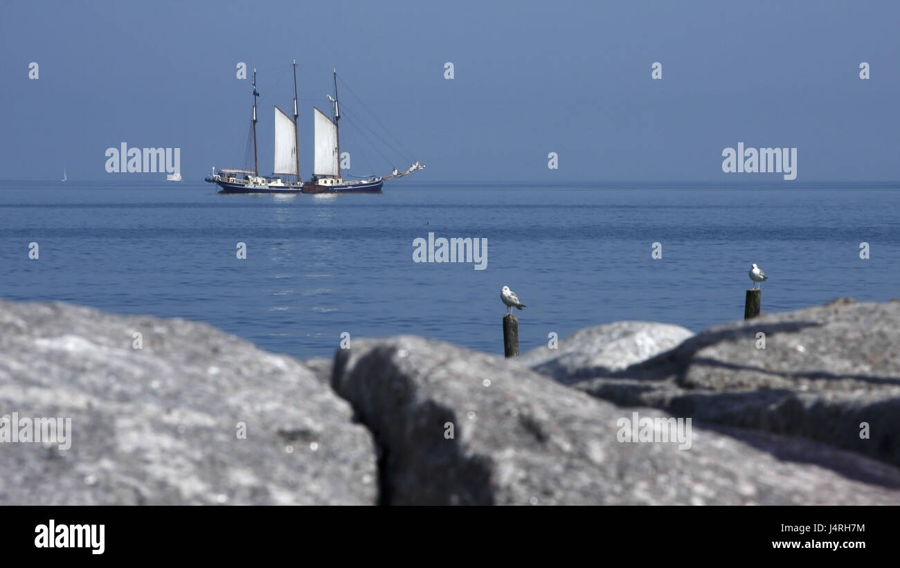 Nave a vela, storicamente, anteprima, mare, lontano, tranquillamente, profondamente blu, Riva, Rocky, Germania, Meclemburgo-Pomerania occidentale, Rügen, cape Arkona, il Mar Baltico Foto Stock