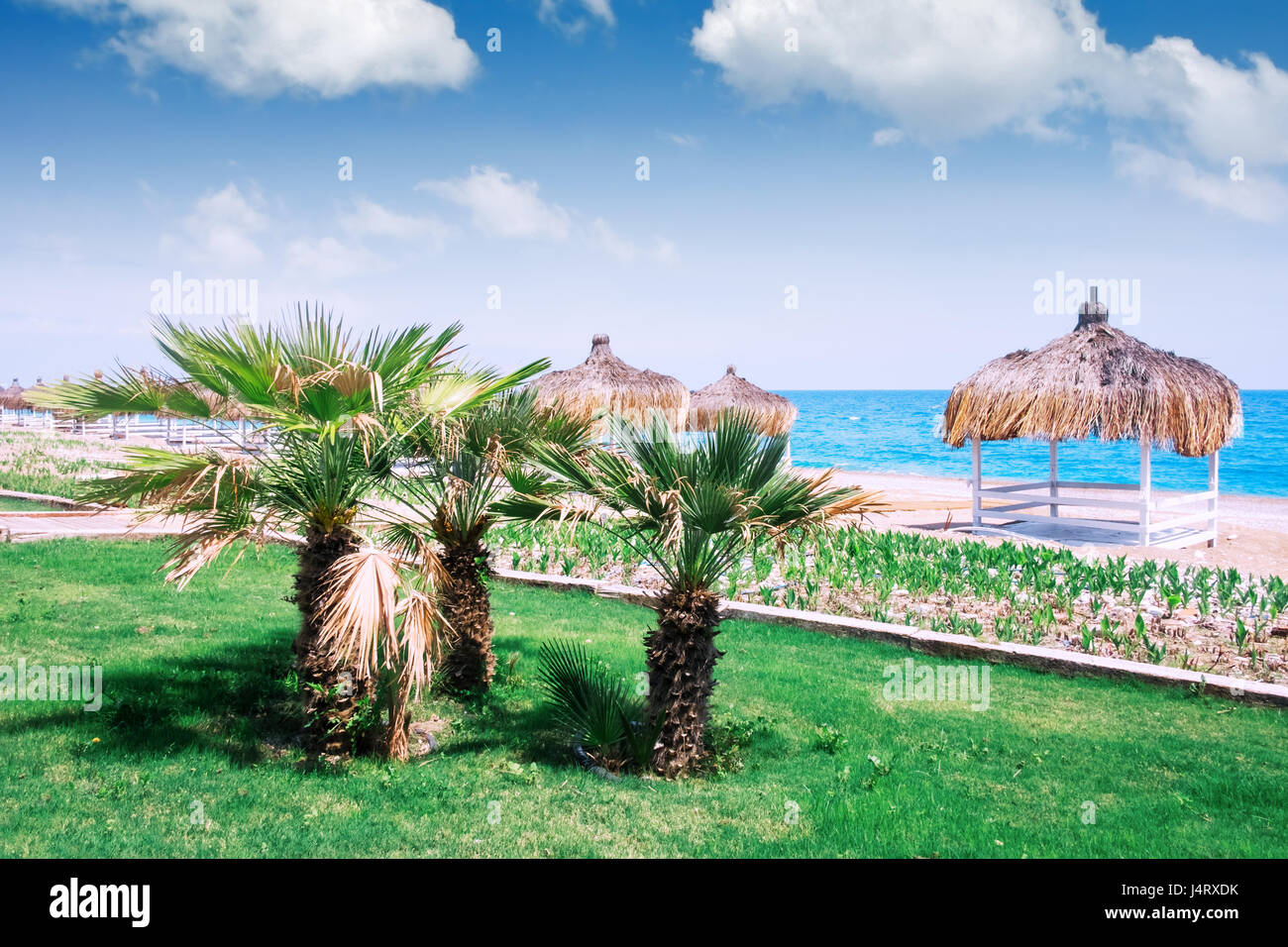 Estate mandrini sulla spiaggia. Vista mozzafiato sul mar Mediterraneo. Legno bianco summerhouses sulla giornata di sole. Cielo blu e nuvole soffici Foto Stock