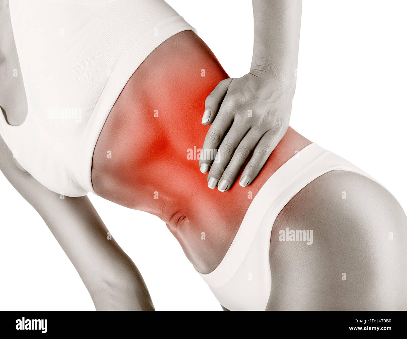 Donna muscolare con dolore di stomaco isolato su sfondo bianco Foto Stock