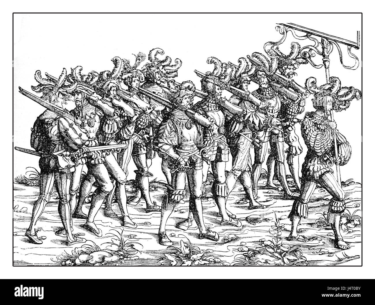 Lansquenet soldati a piedi con i fucili, XVI secolo Foto Stock