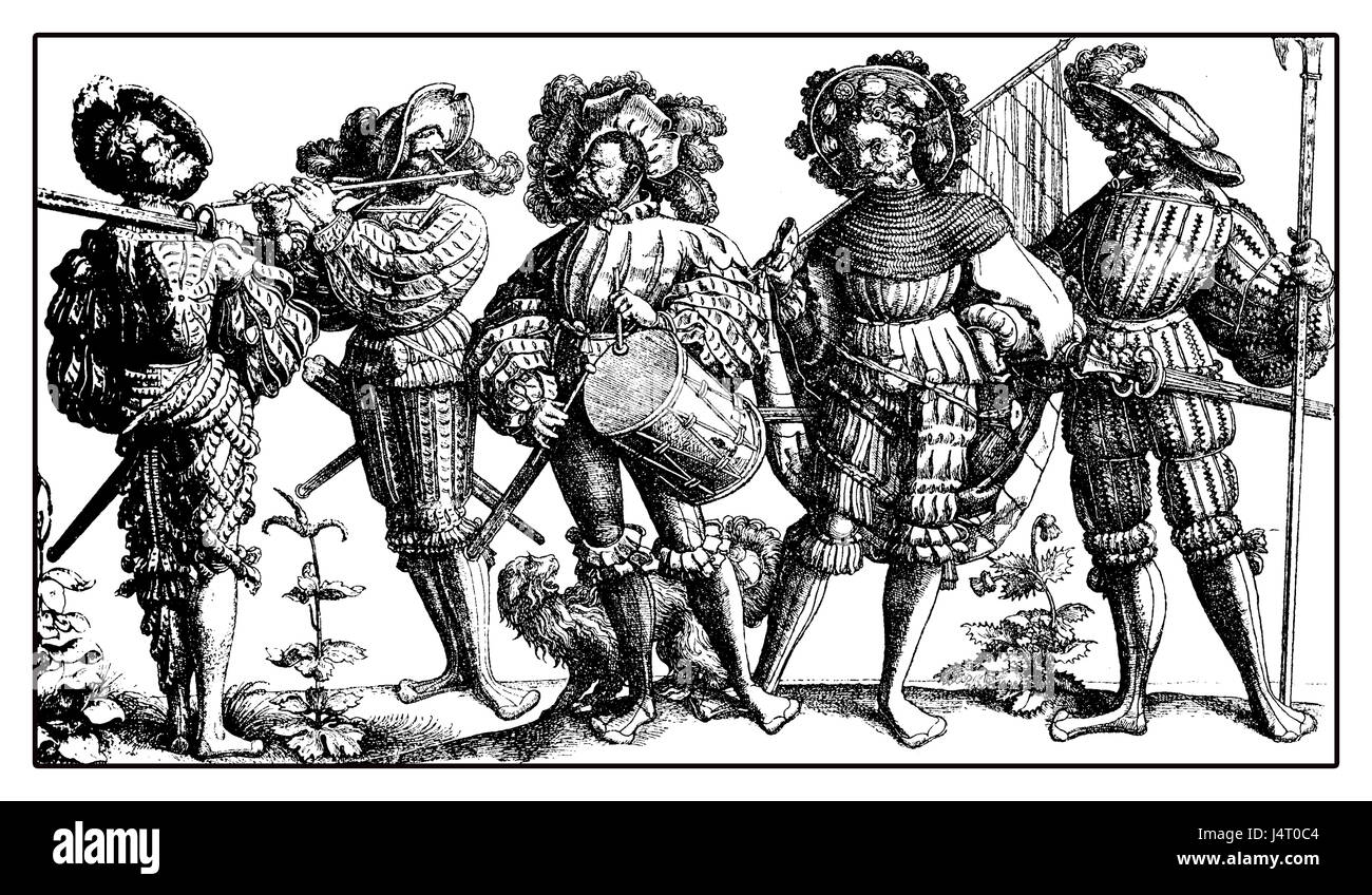 Lansquenet formidabile e colorato soldati mercenari a piedi con il tamburo,flauto,armi e standard, da Daniel Hopfer incisione, XVI secolo Foto Stock