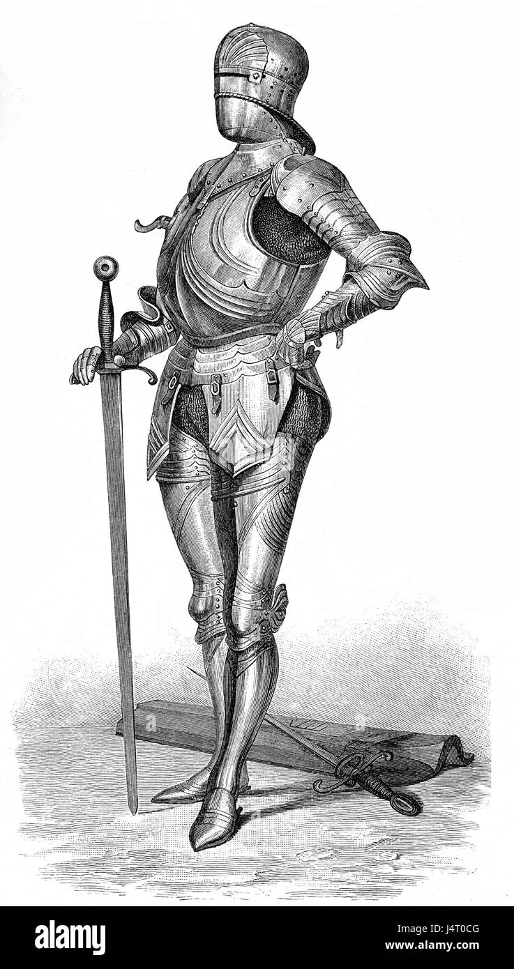 Tedesco medievale armor con la spada e la guerra visorless casco Foto Stock