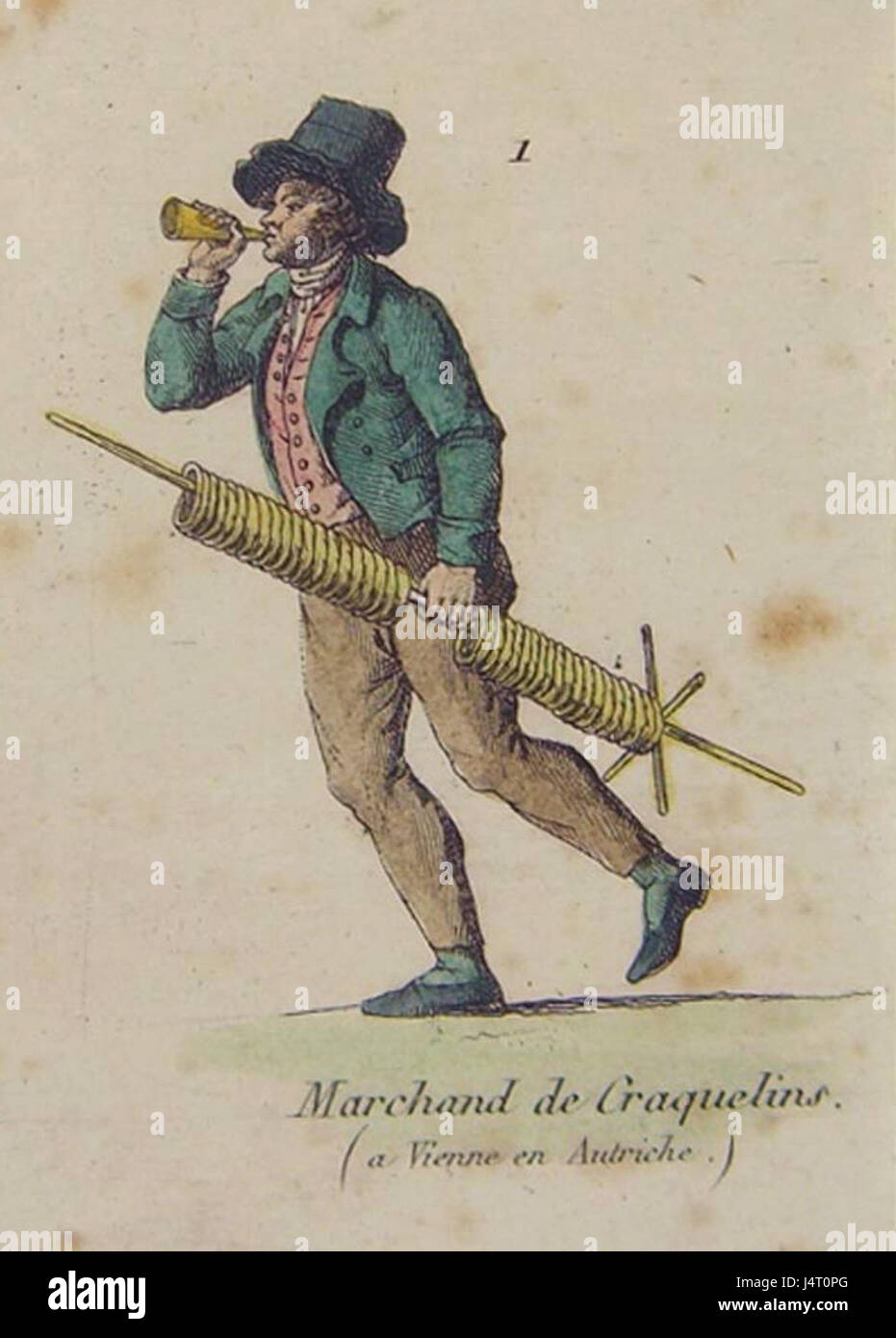 Questa immagine raffigura un venditore di strada viennese che vende craquelin, un tradizionale spuntino austriaco, che mostra la cultura locale e le tradizioni culinarie di Vienna durante il XIX secolo. Foto Stock