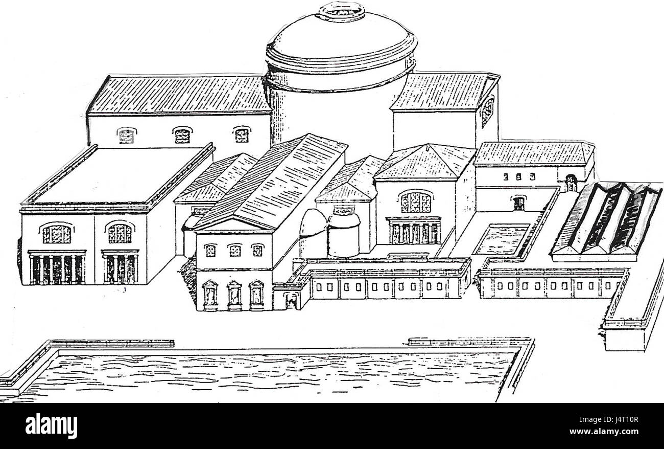 Thermes Agrippa è un antico complesso termale romano originariamente costruito da Marco Agrippa nel 19 a.C. Il modello 3D a cui si fa riferimento fornisce una ricreazione digitale di questo sito storico, offrendo una prospettiva moderna sul suo design e sull'architettura. La struttura originale era una delle più grandi e lussuose terme dell'antica Roma. Foto Stock