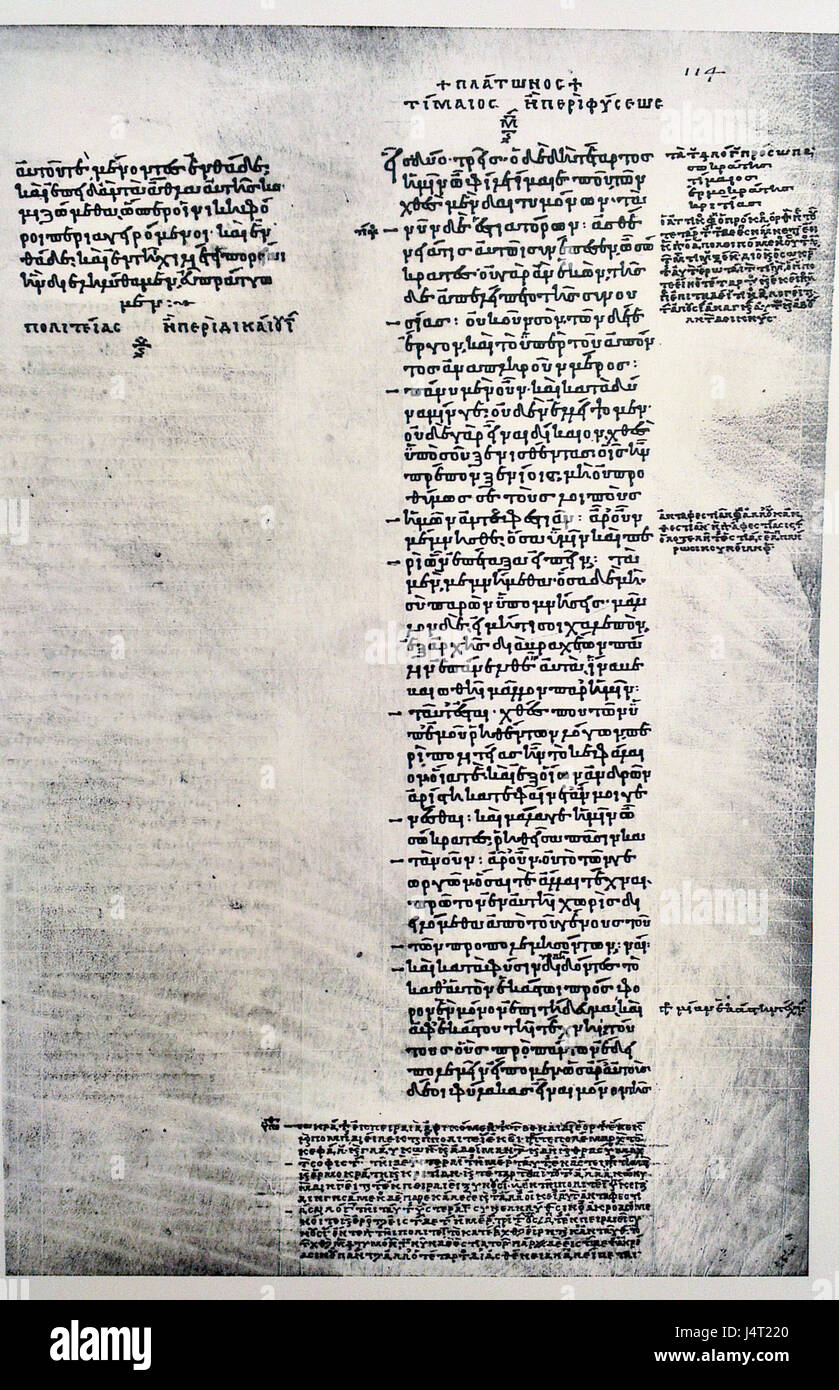 L'inizio di Timaios nel Codex Parisinus Graecus del 1807 si riferisce ad un testo greco classico che esamina le origini dell'universo e della cosmologia nella filosofia antica. Foto Stock