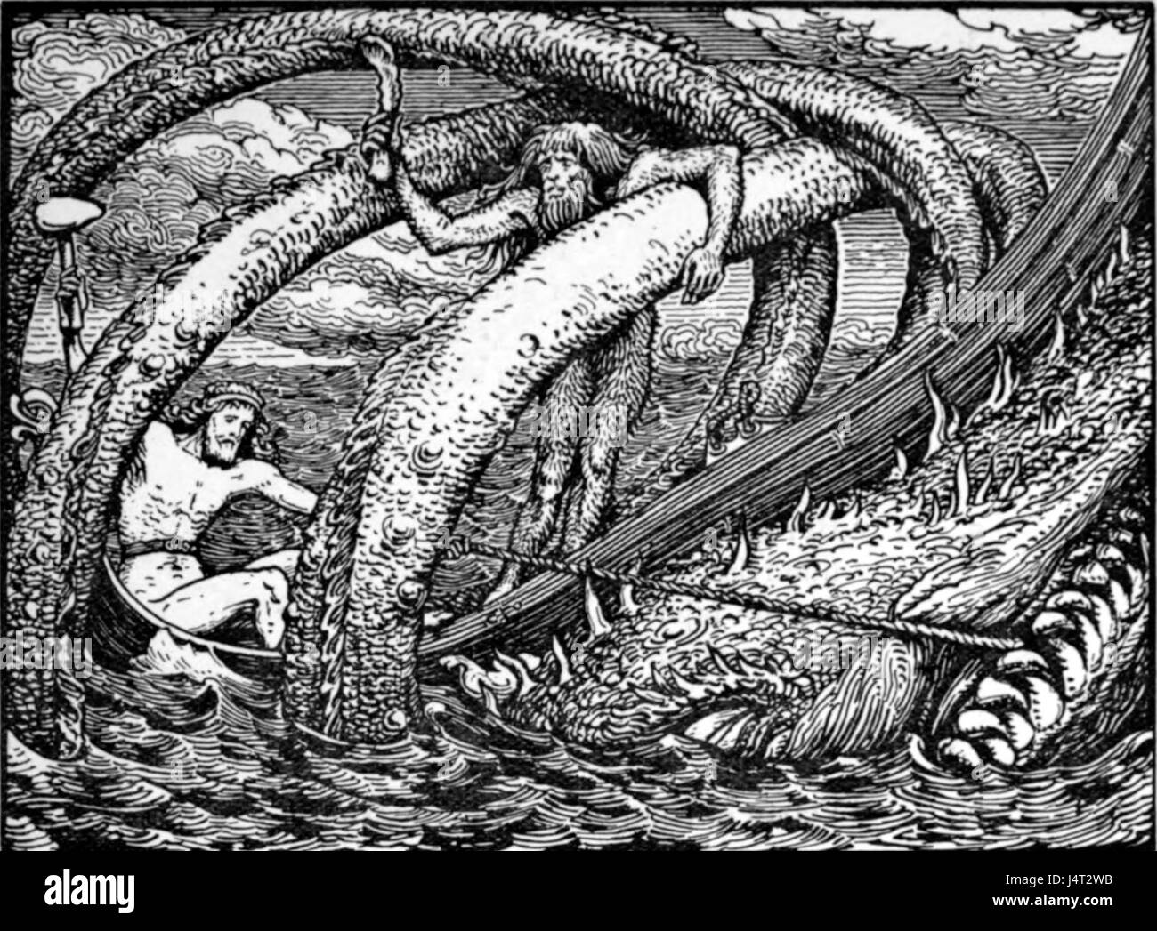 Racconto mitologico norreno in cui Thor tenta di pescare JÃ¶rmungandr, il serpente mondiale, usando la testa di un gigante come esca, mostrando temi di forza e mitologia. Foto Stock