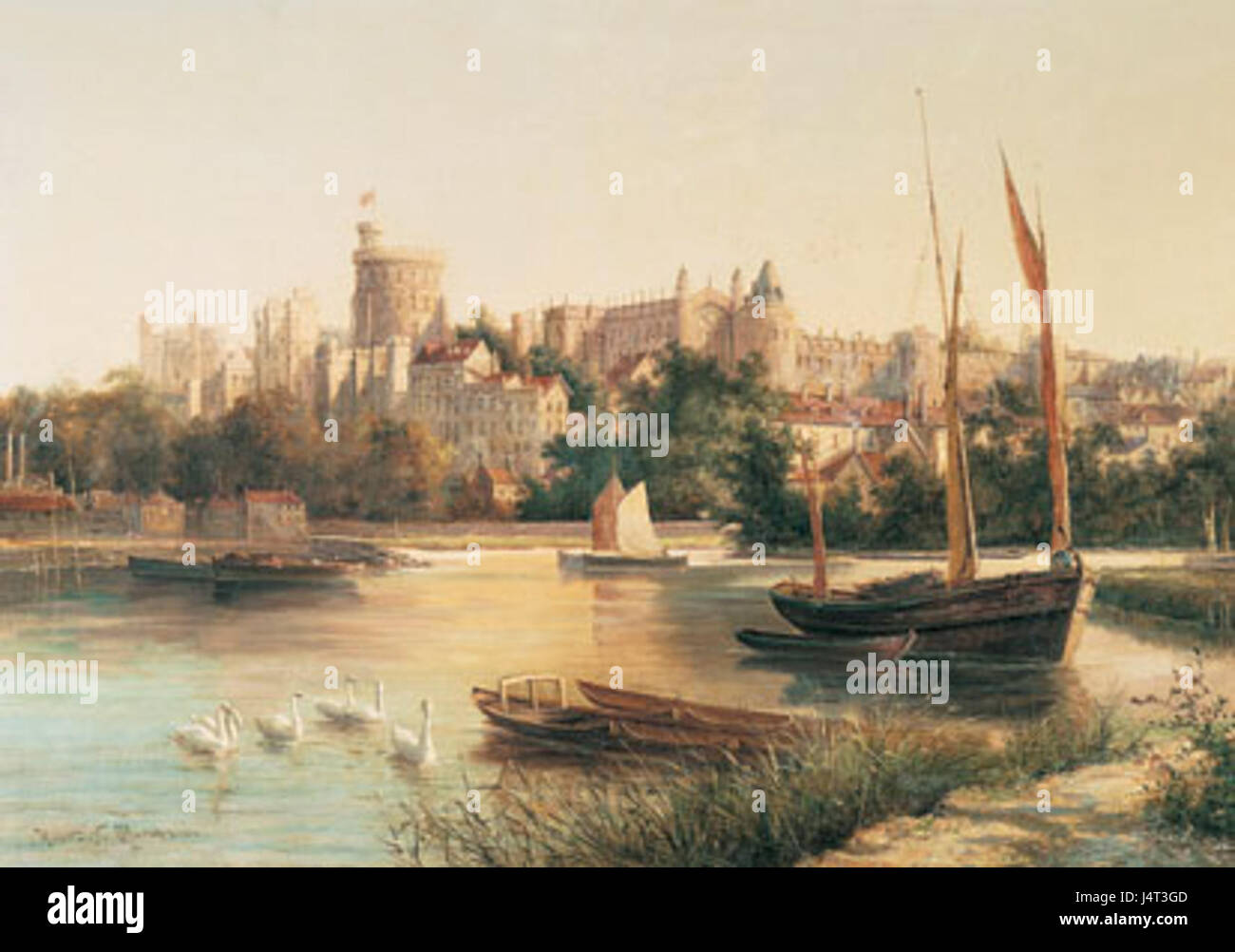 Questa immagine mostra il Tamigi al Castello di Windsor, uno dei monumenti più rappresentativi dell'Inghilterra. Il Castello di Windsor, una residenza reale, si trova lungo il fiume, simboleggiando il legame tra la storia britannica e la natura. Foto Stock