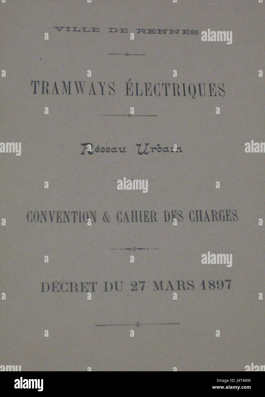 Tramvia Rennes Convenzione Cahier des charges 1897 Foto Stock