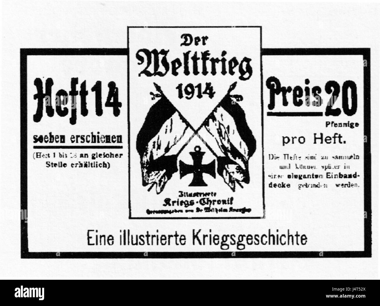 Questa voce, intitolata «Uetersen Anzeige Der Weltkrieg 1914», è una pubblicità storica di Uetersen, Germania, durante la prima guerra mondiale. Offre uno sguardo sull'impatto culturale e sociale della guerra nella regione. Foto Stock
