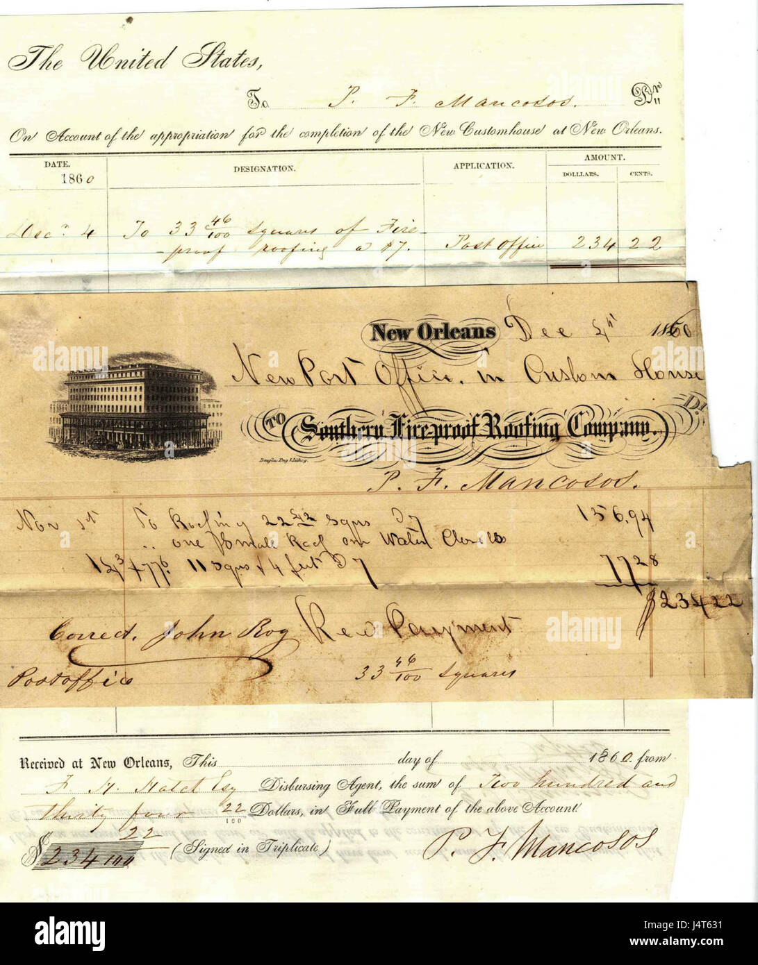 Questo voucher storico risale a dicembre 1860, confermando l'installazione di coperture ignifughe nell'edificio dell'ufficio postale nella New Orleans Custom House. Il voucher è un documento ufficiale che rappresenta gli sforzi volti a migliorare la sicurezza e l'integrità strutturale degli edifici di fronte ai rischi di incendio. Foto Stock