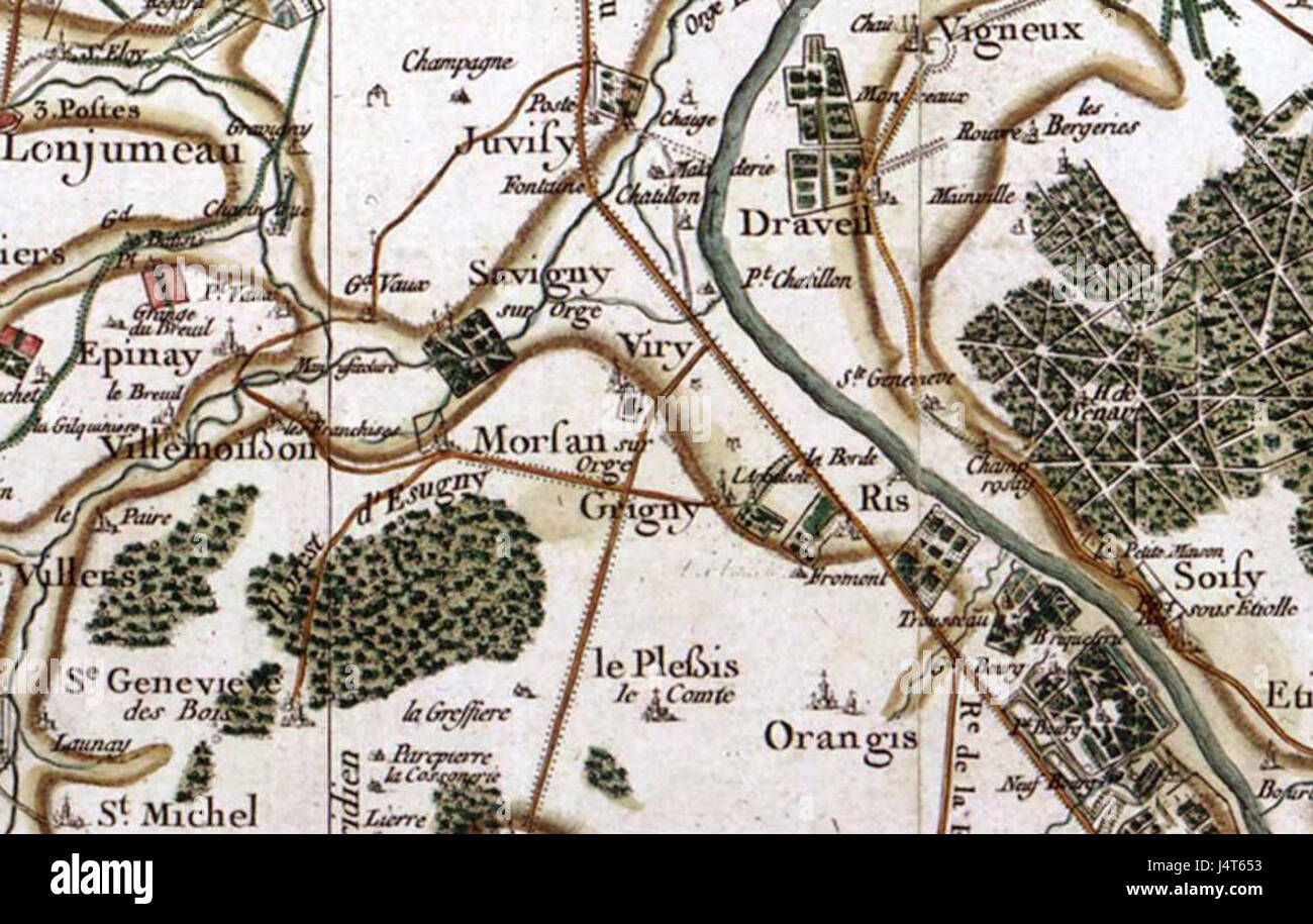 Un riferimento storico a Viry-Chatillon, comune francese, e alla mappa di Cassini, che fu una parte significativa del progetto cartografico francese del XVIII secolo. Questa mappa documentava le caratteristiche geografiche in tutta la Francia. Foto Stock