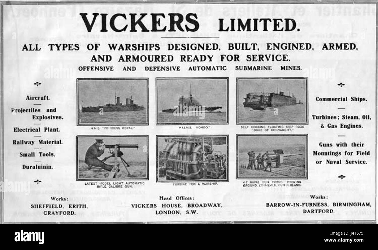 Una pubblicità Vickers del 1914 di Janes, che mostra le attrezzature e le tecnologie militari utilizzate durante l'inizio del XX secolo. Foto Stock